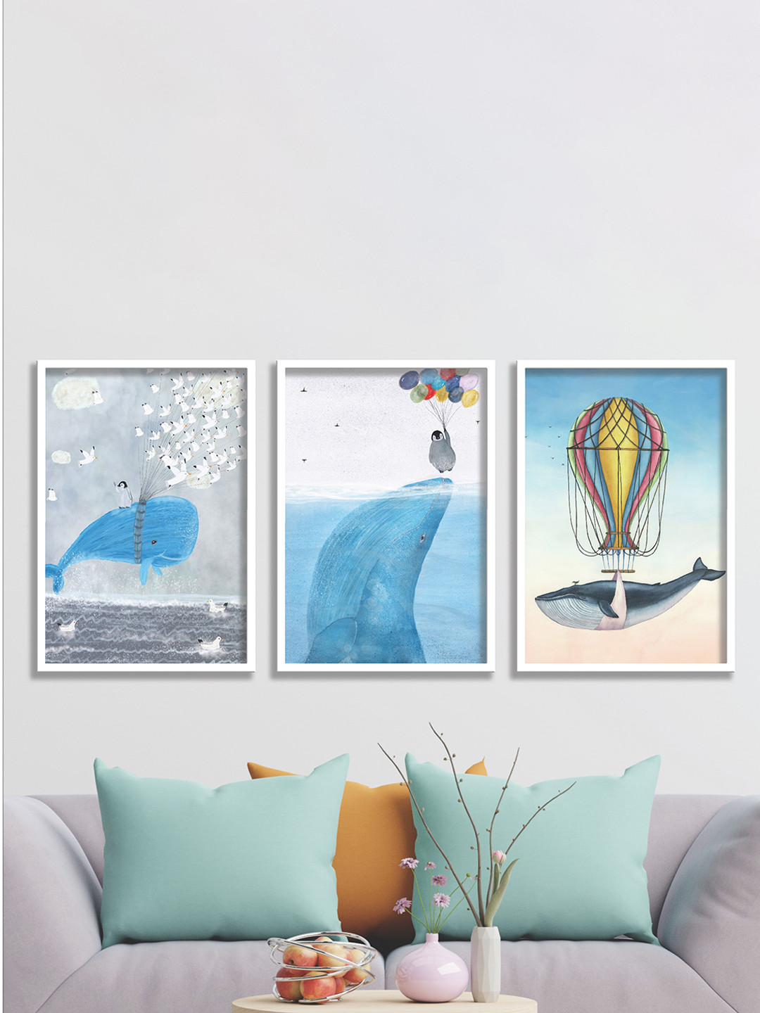 SAF Set Of 3 Blue & White Dolphin UV Textured Framed Painting Wall Art