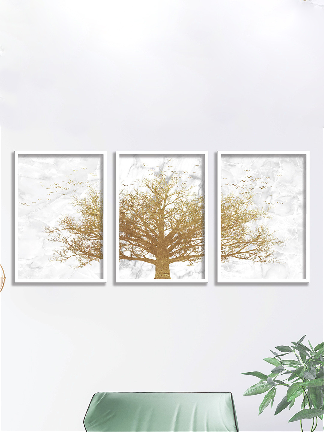 SAF Set Of 3 White & Gold Modern UV Textured Painting Wall Art