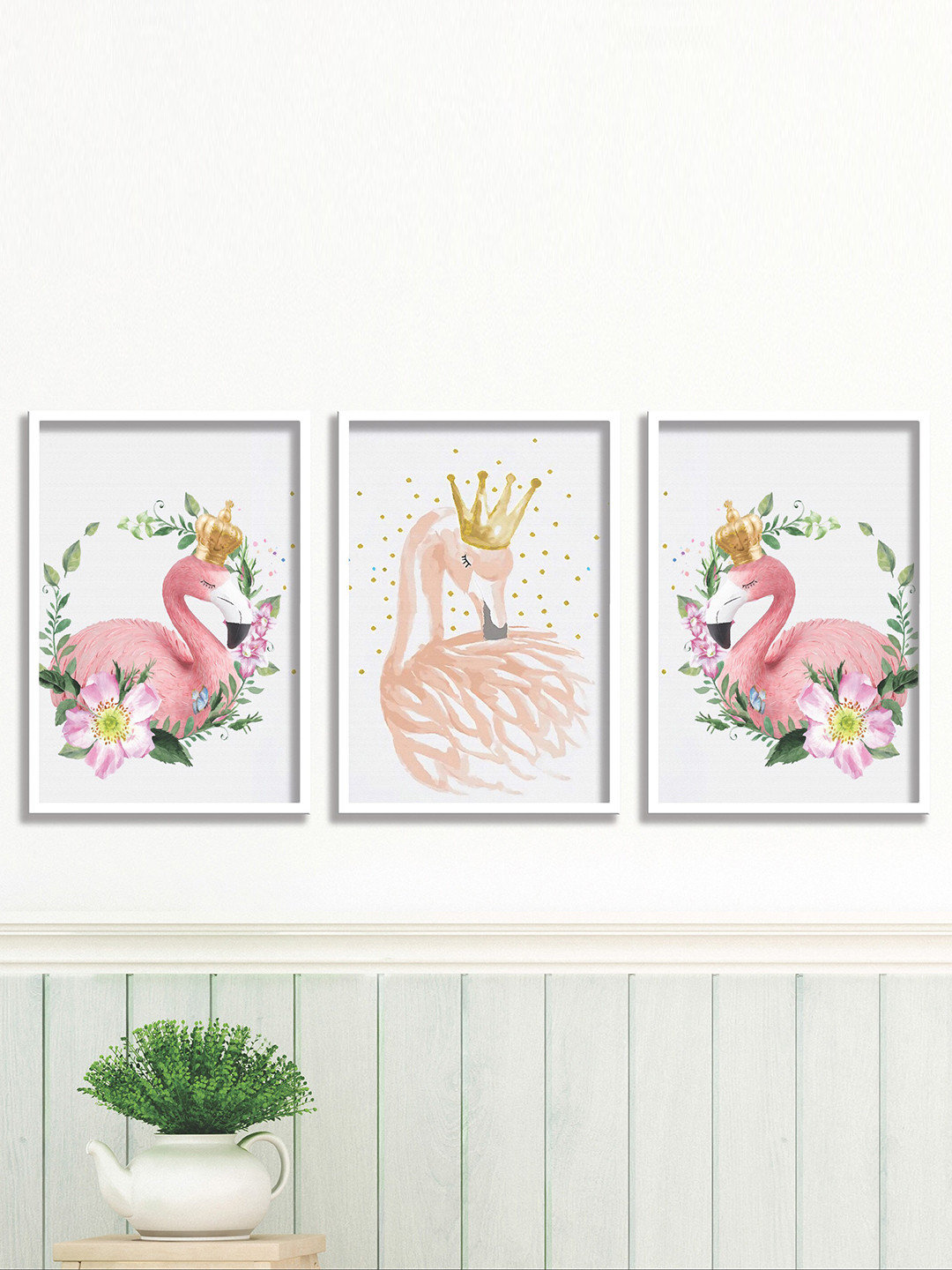 SAF Set Of 3 Pink & Green UV textured Modern Wall Art