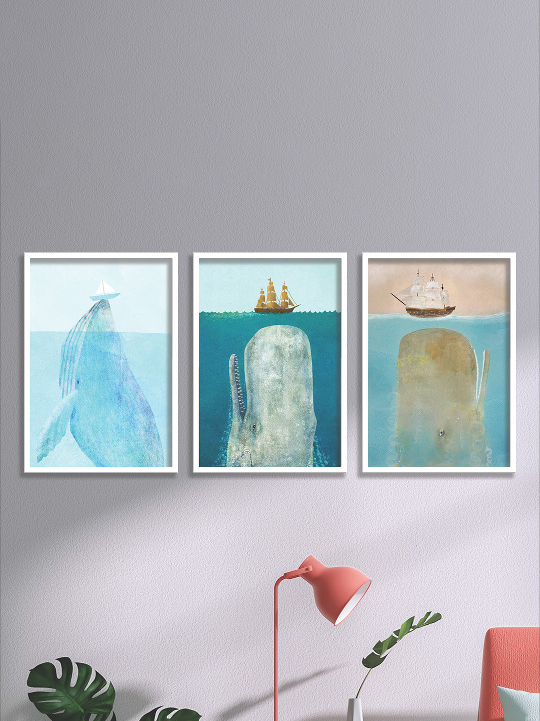 SAF Set Of 3 Blue & White UV Textured Dolphin Painting Wall Art
