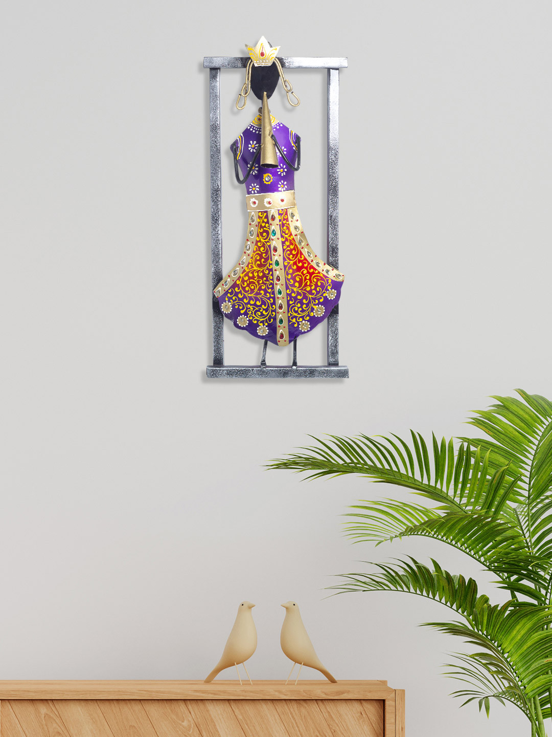 Golden Peacock Shehnai Playing Musician Metal Ethnic Motifs Glossy Wall Hangings-16.9In