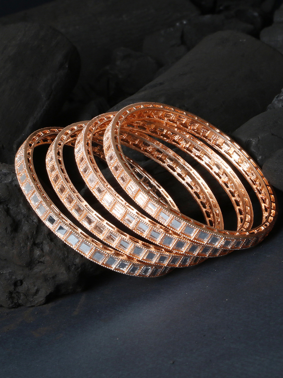 Adwitiya Set Of 4 Rose Gold-Plated White Stone Studded & Cut-Out Mirror Embellished  Bangle