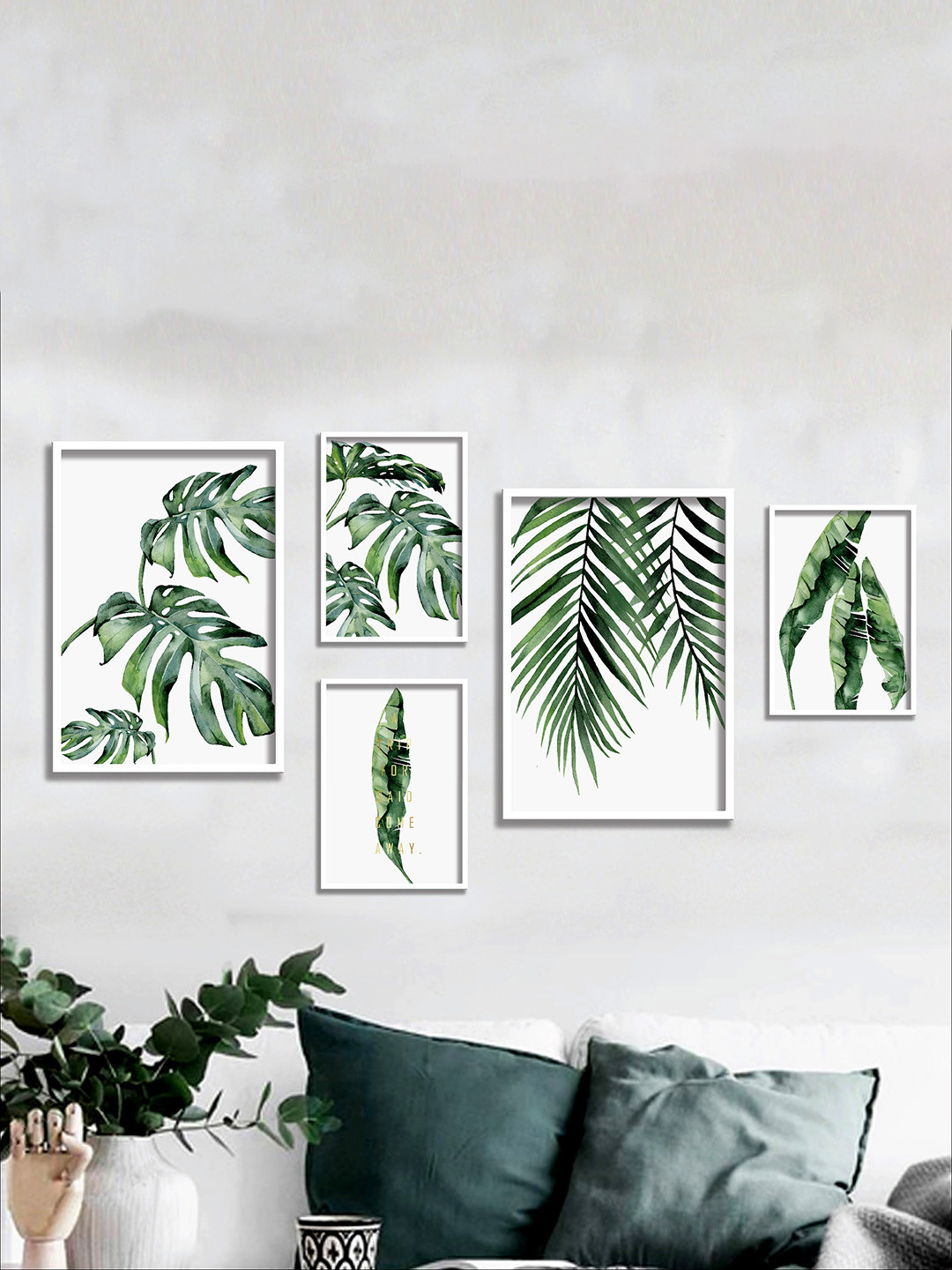 SAF Set Of 5 White & Green Modern Art UV Textured Wall Painting