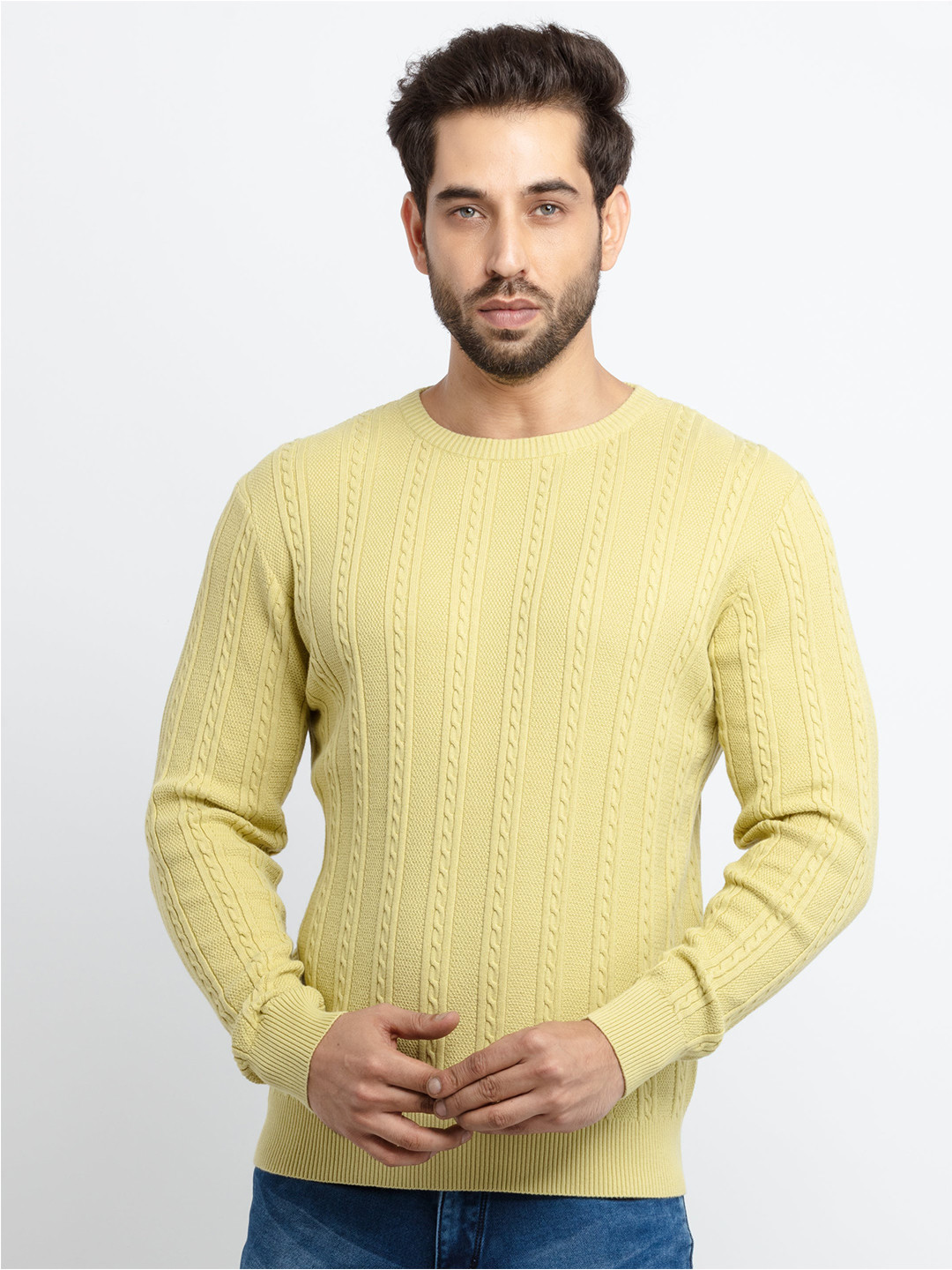 Status Quo Men Yellow Cable Knit Cotton Pullover Sweater
