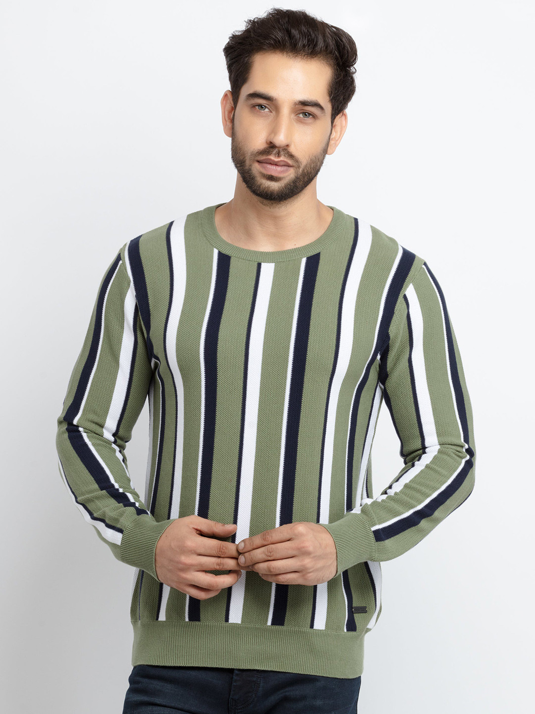 Status Quo Men Green & White Striped Cotton Sweater