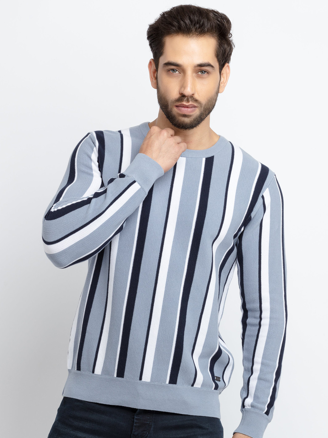 Status Quo Men Blue & Off White Striped Cotton Pullover Sweater