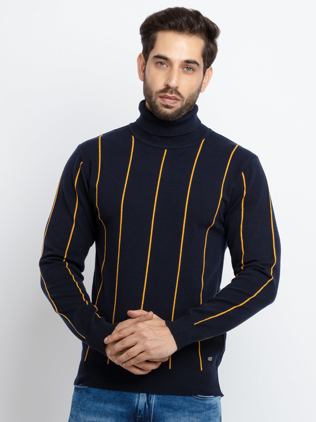 Status Quo Men Navy Blue & Yellow Striped Acrylic Pullover Sweater
