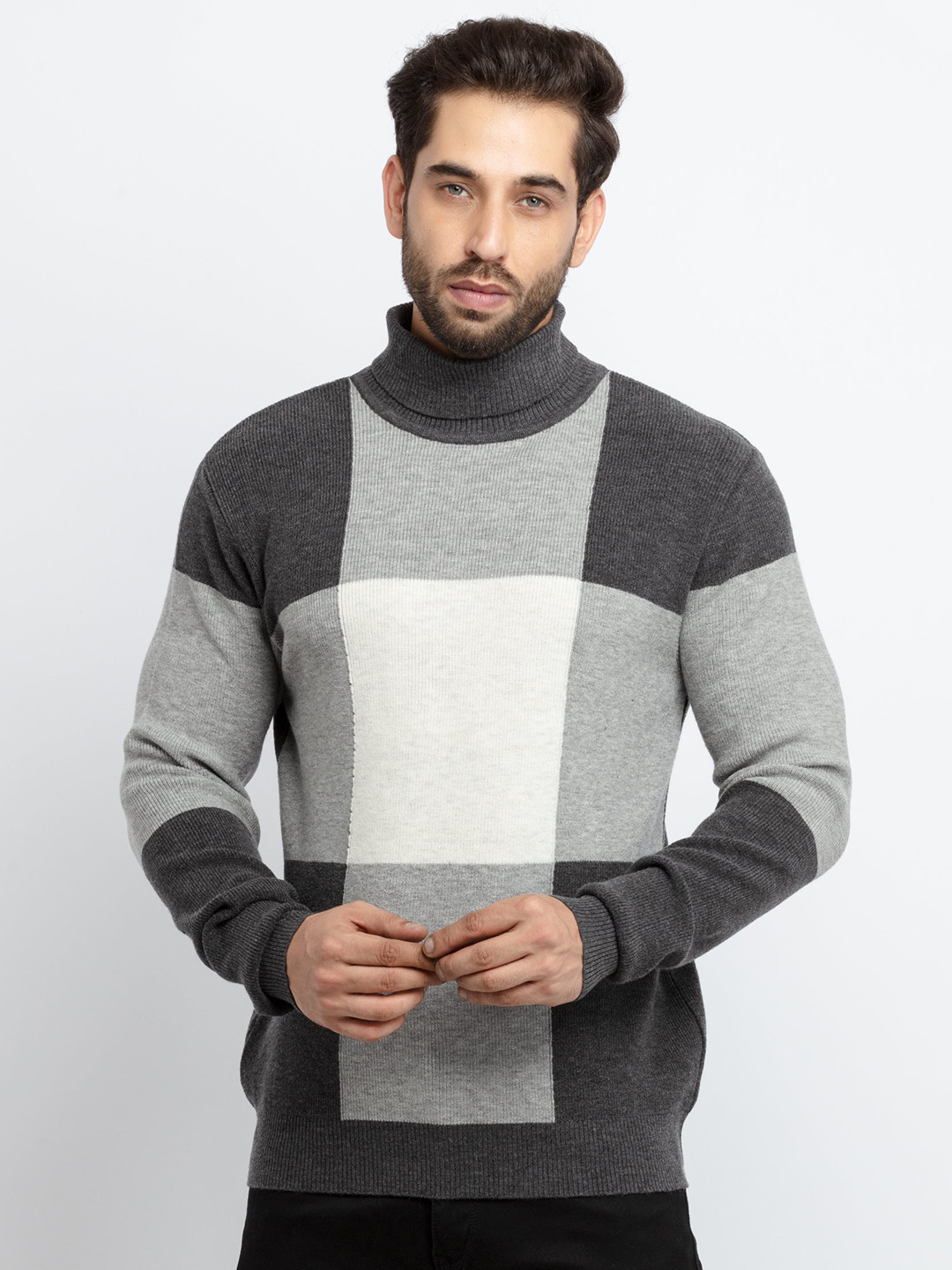 Status Quo Men Grey & White Colourblocked Acrylic Pullover Sweater