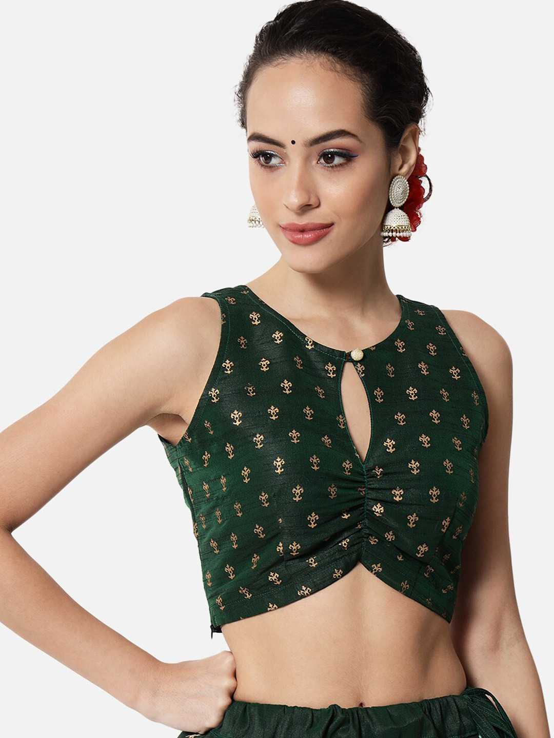 studio rasa Women Green Dupion Block Printed Crop Top