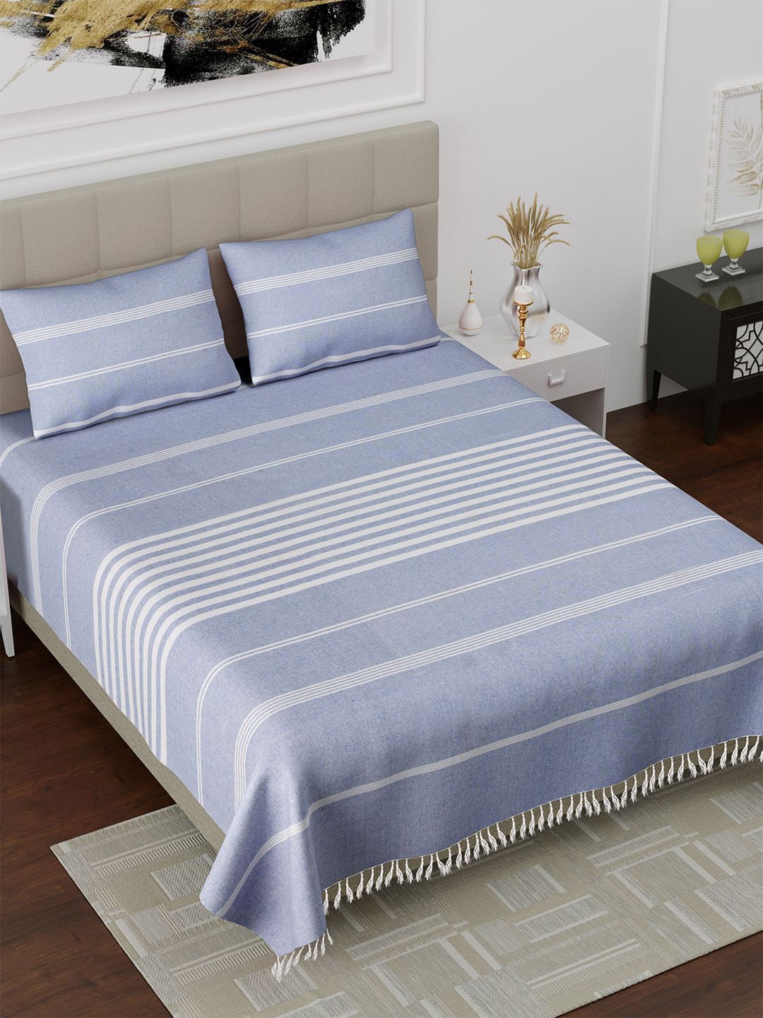 Varde Blue Striped Pure Cotton 180 TC King Fine Bedsheet with 2 Pillow Covers-87 x 91 inches