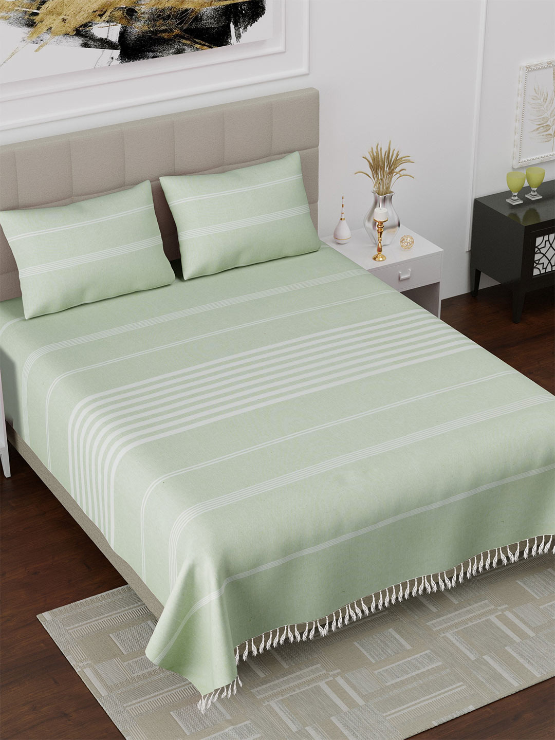 Varde All Seasons Sea Green Striped Cotton 180 TC King Fine Bedsheet with 2 Pillow Covers-90 x 100 inches