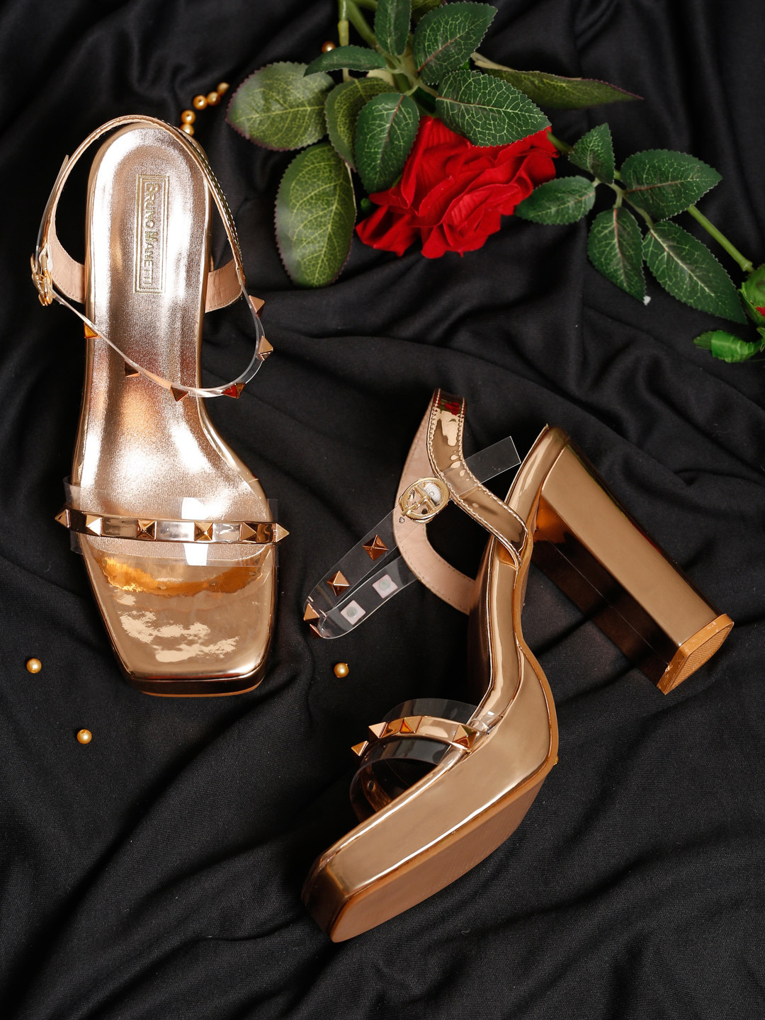 Bruno Manetti Women Rose Gold PU Block Pumps with Buckles