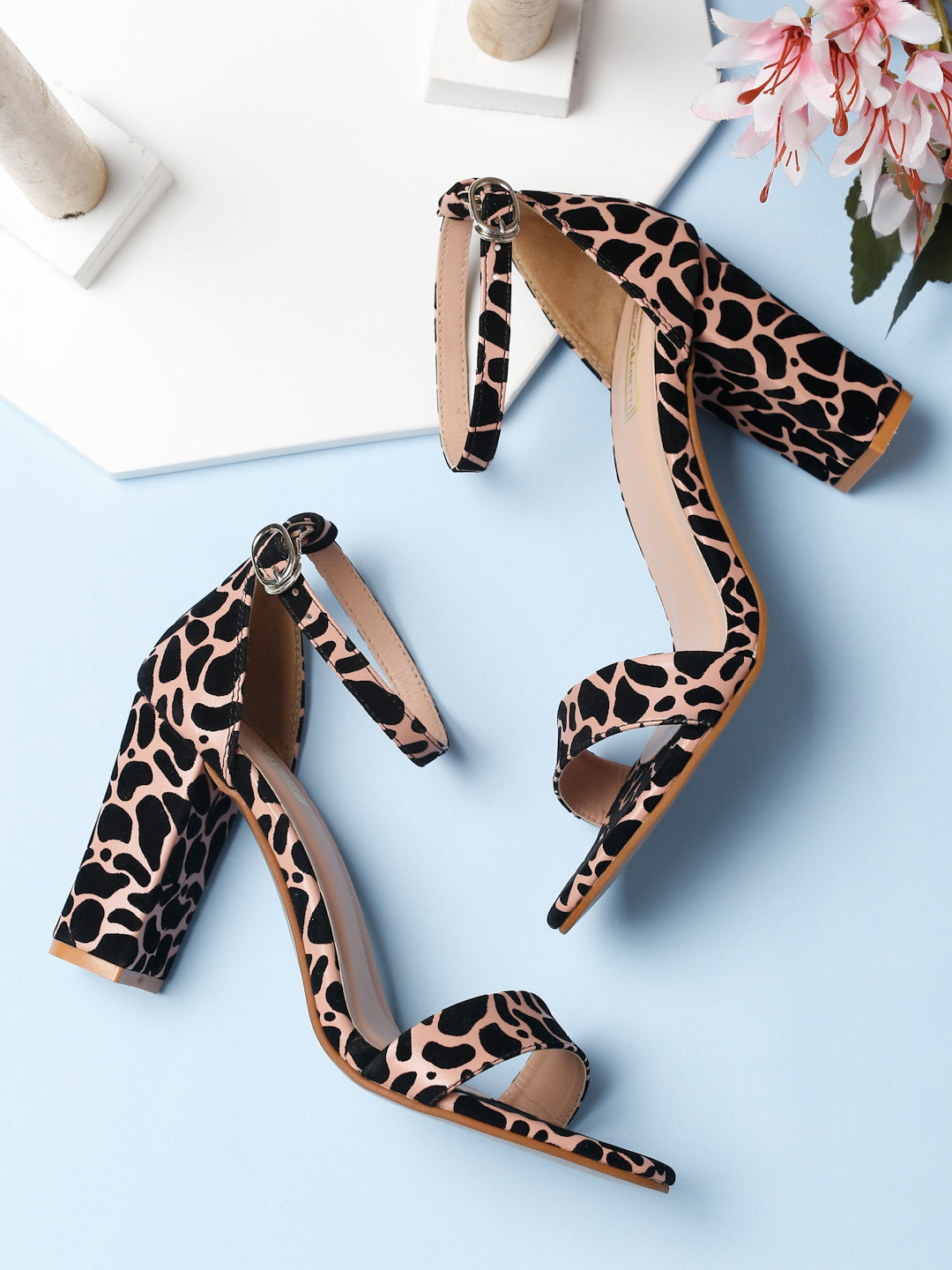 Bruno Manetti Women Nude-Coloured & Brown Printed Suede Block Pumps