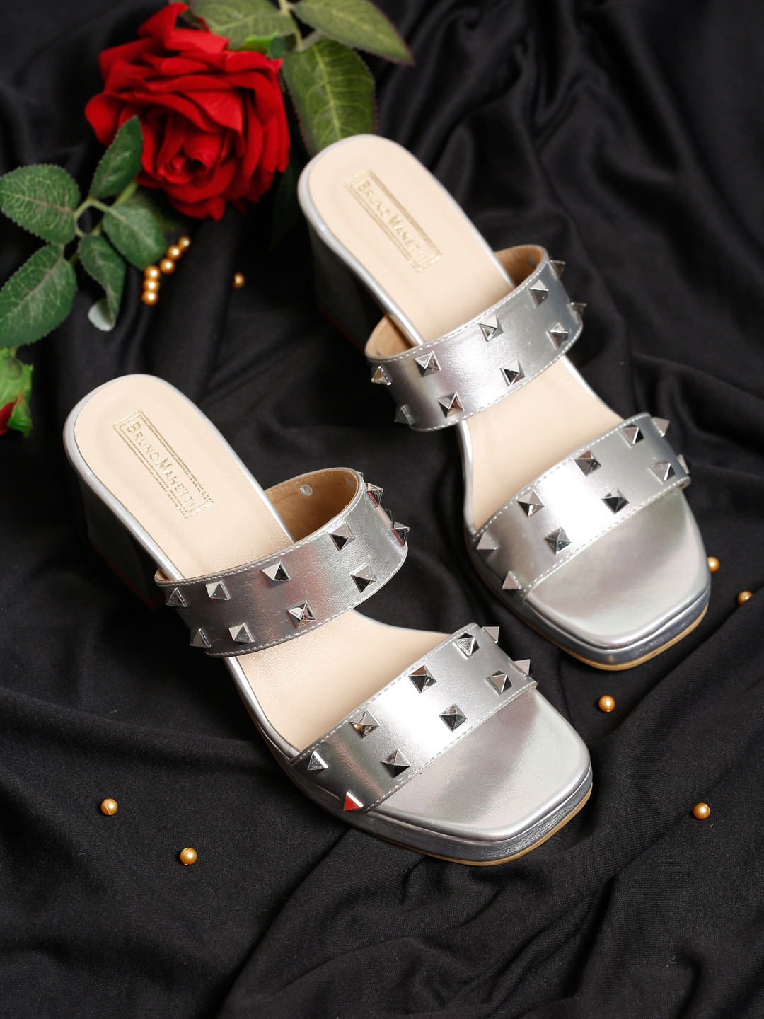 Bruno Manetti Silver-Toned Embellished Block Heels