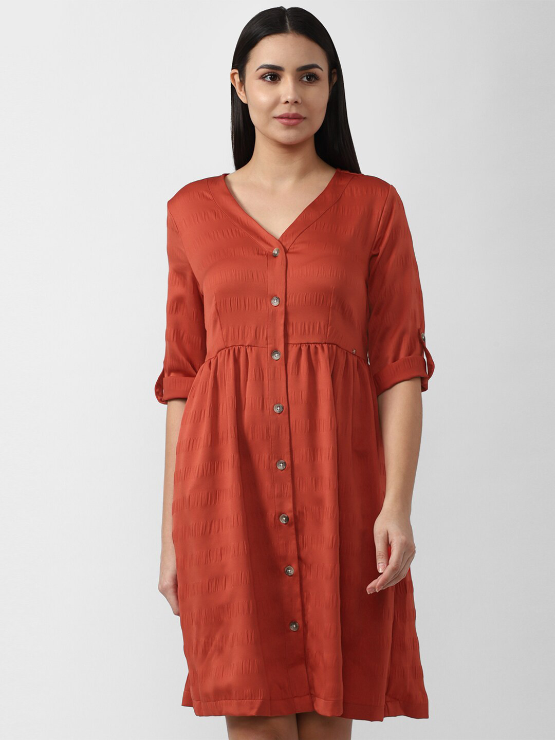 Van Heusen Woman Rust Roll-up Sleeves Empire Dress