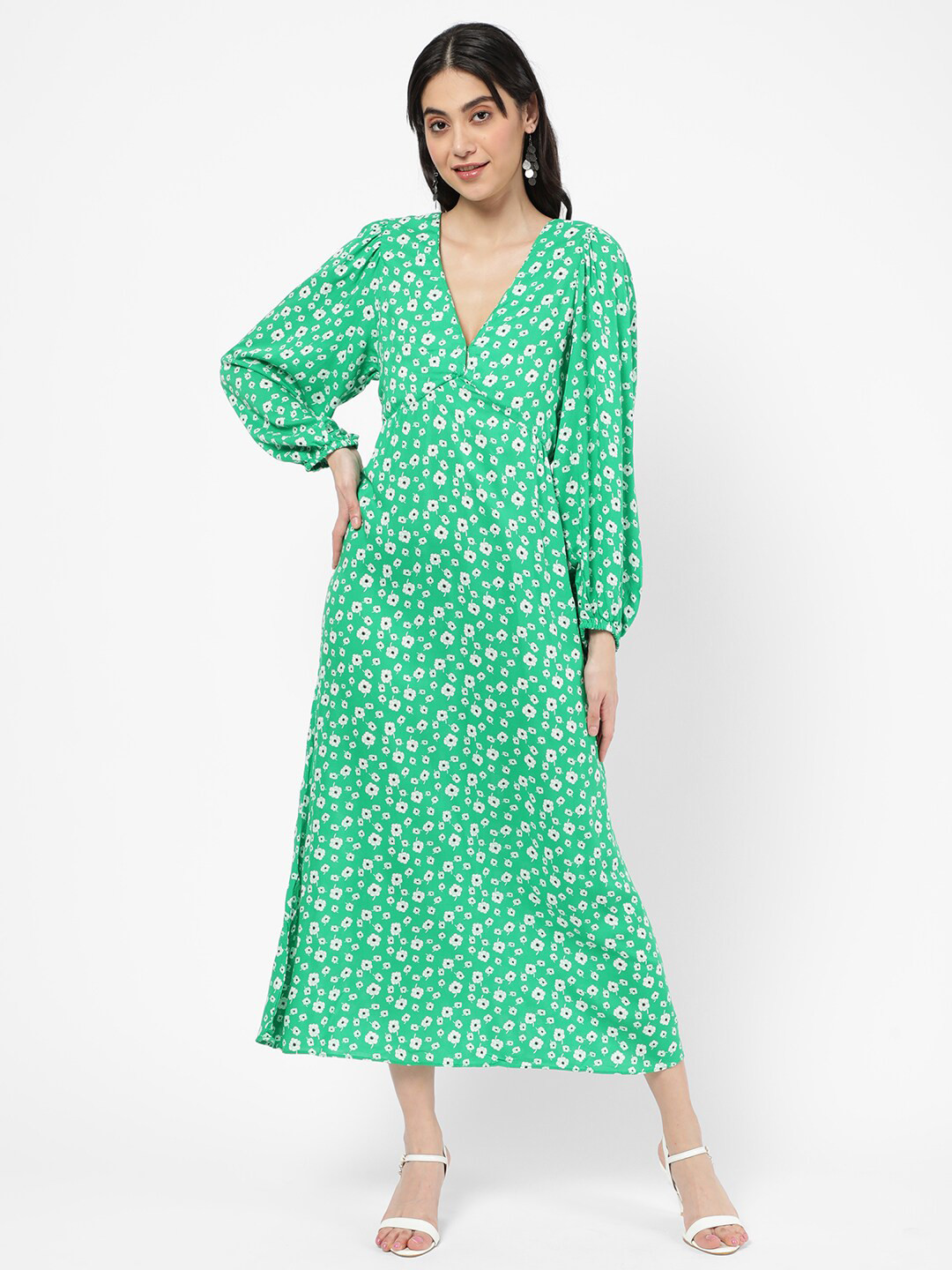 R&B Women Green Floral A-Line Maxi Dress
