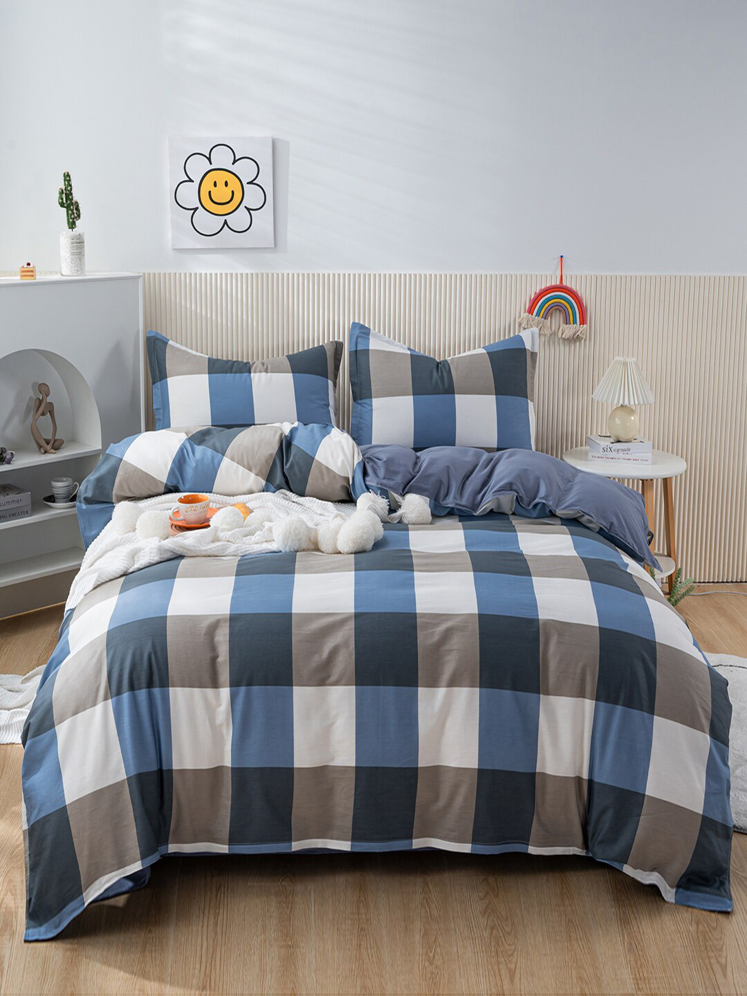 JC HOME Blue  White Printed Double Extra Large Bed Pure Cotton Bedding Set