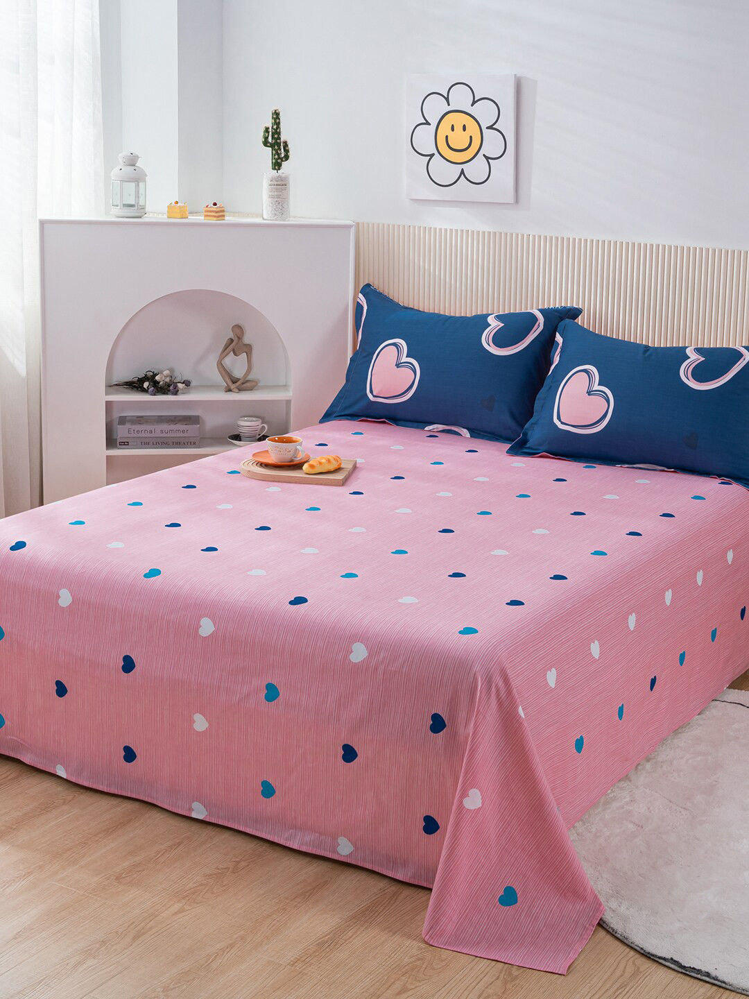 JC HOME Pink & Blue Printed Double Extra Large Bedding Set With Quilt