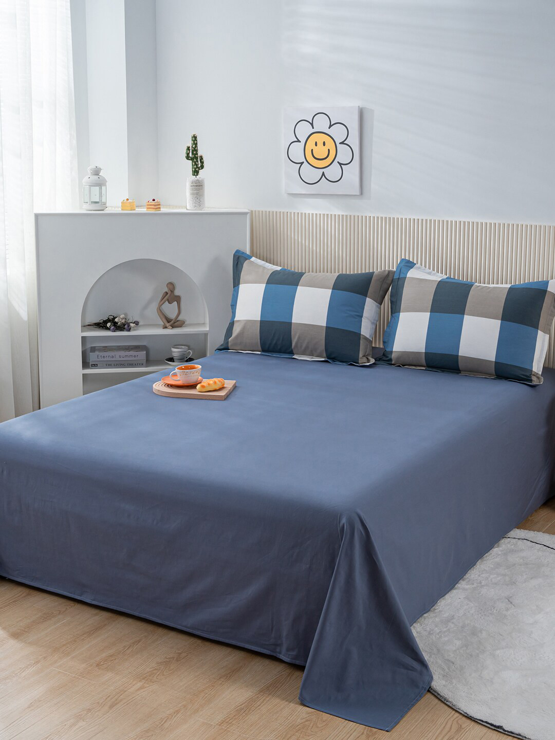 JC HOME Blue & White Self-Design Pure Cotton Bedding Set