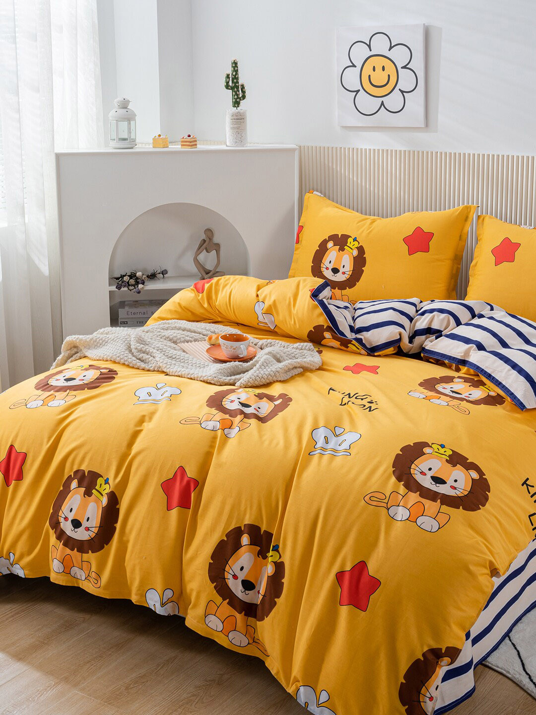 JC HOME Yellow & Blue Striped Pure Cotton Single Bedding Set With Quilt