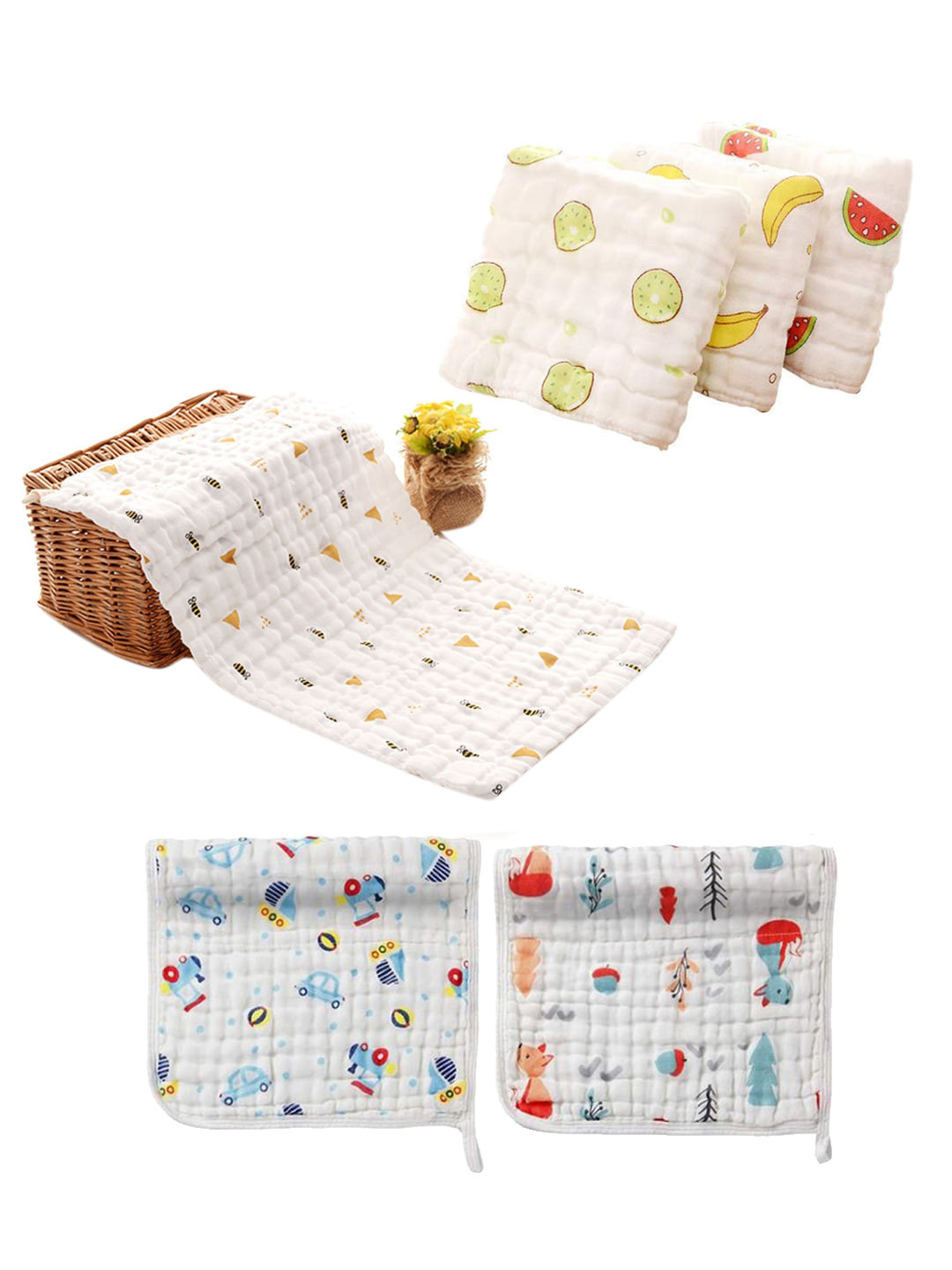Moms Home Infants Set of 6 White Printed Muslin Towel Set