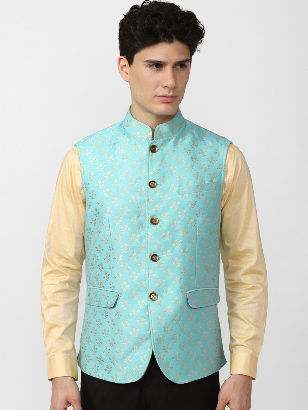Peter England Elite Men Blue & Gold-Coloured Woven Design Nehru Jacket