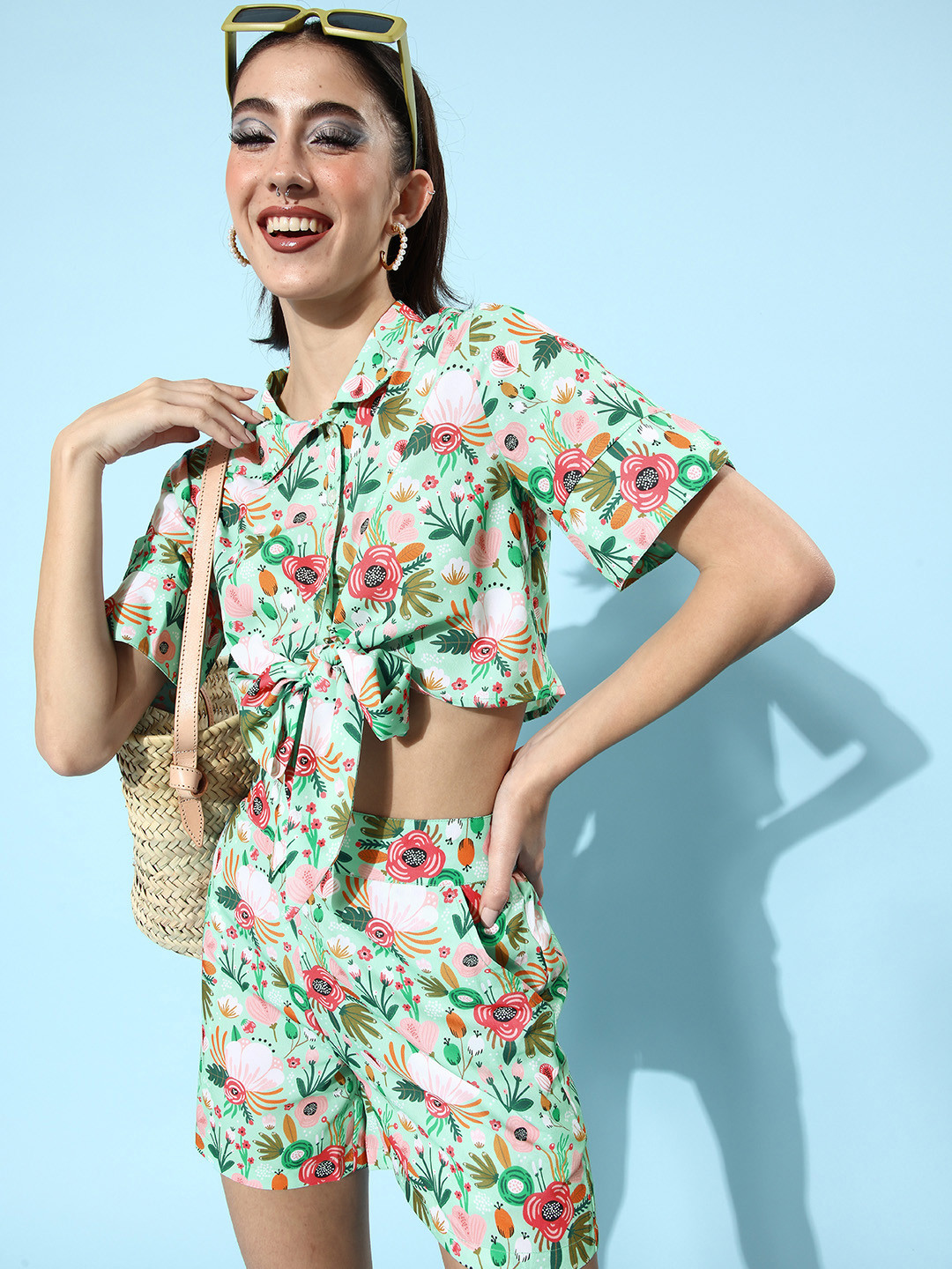 StyleStone Women Green Printed Top with Shorts