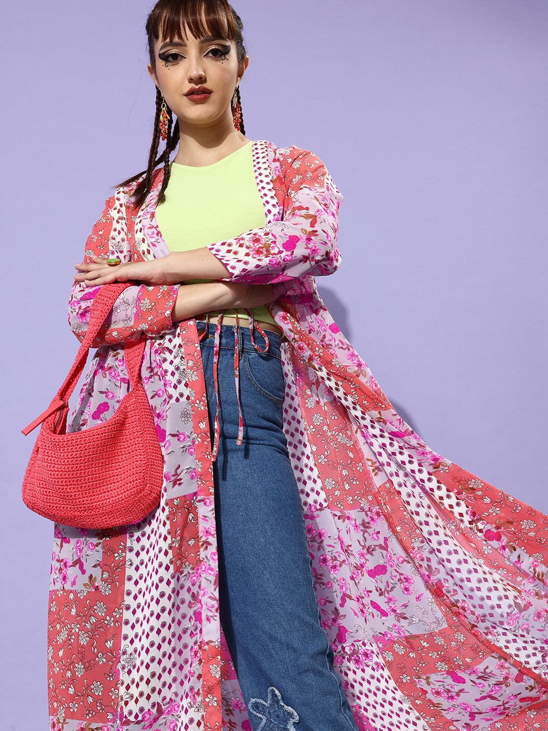 StyleStone Women Elegant Peach Ethnic Motifs Print Mix Shrug