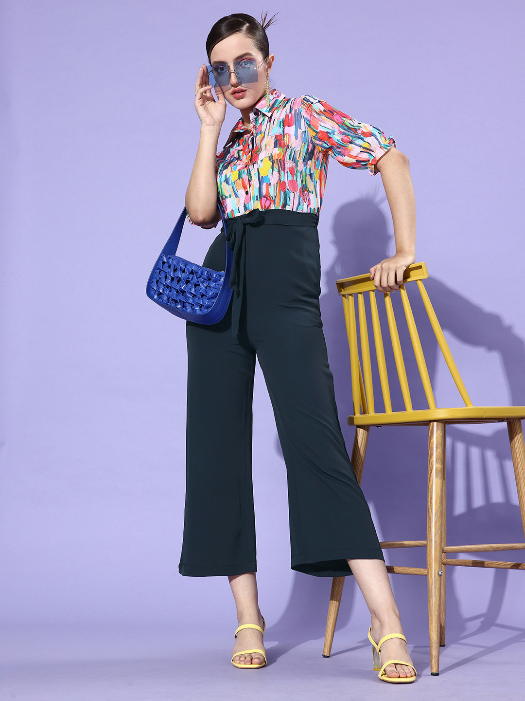 StyleStone Women Pink & Blue Printed & Colourblocked Capri Jumpsuit