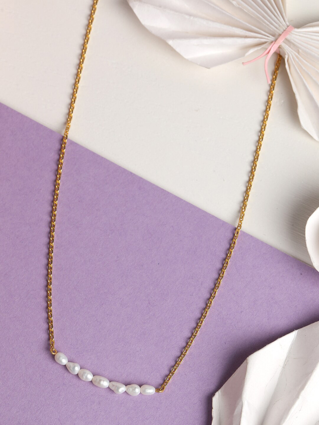 Clara Women Gold-Toned & White Sterling Silver Pearl Chain Necklace