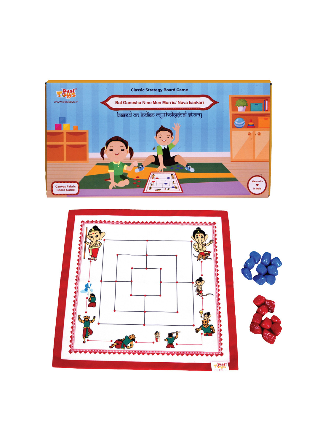Desi Toys Kids Red & White Bal Ganesha Nine Morris Classic Strategy Board Game