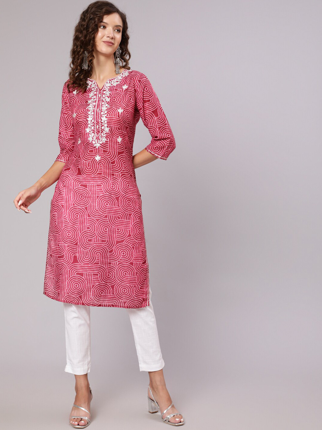 Jaipur Kurti Women Red Floral Embroidered Mirror Work Silk Blend Kurta with Trousers