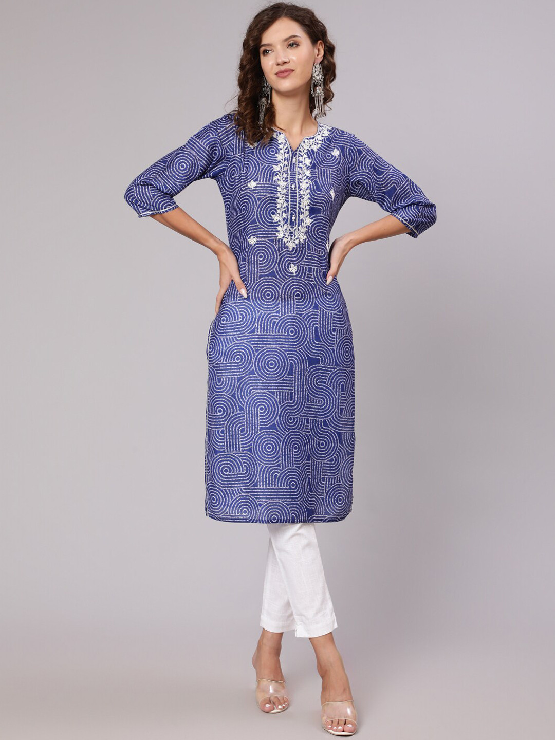 Jaipur Kurti Women Blue Ethnic Motifs Yoke Design Silk Blend Kurta with Trousers