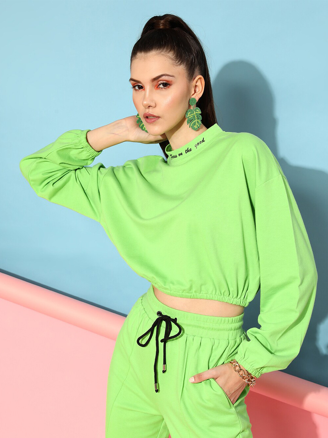 STREET 9 Women Gorgeous Lime Green Solid Pure Cotton Sweatshirt