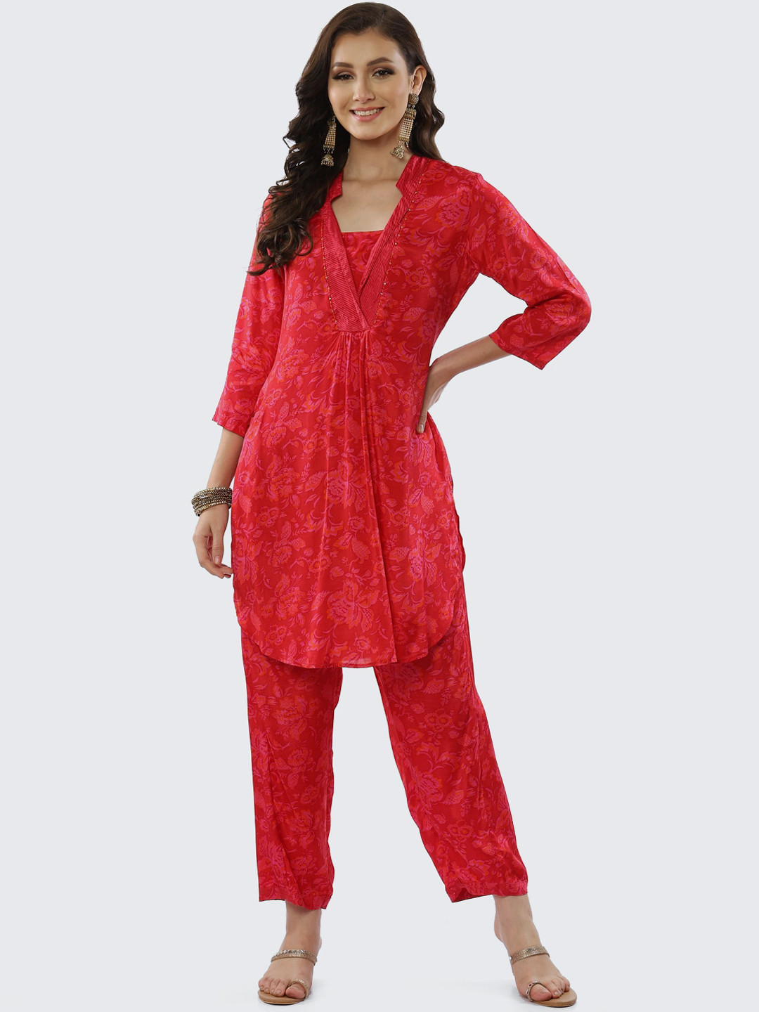 Rangriti Women Pink Floral Printed Kurti with Palazzos