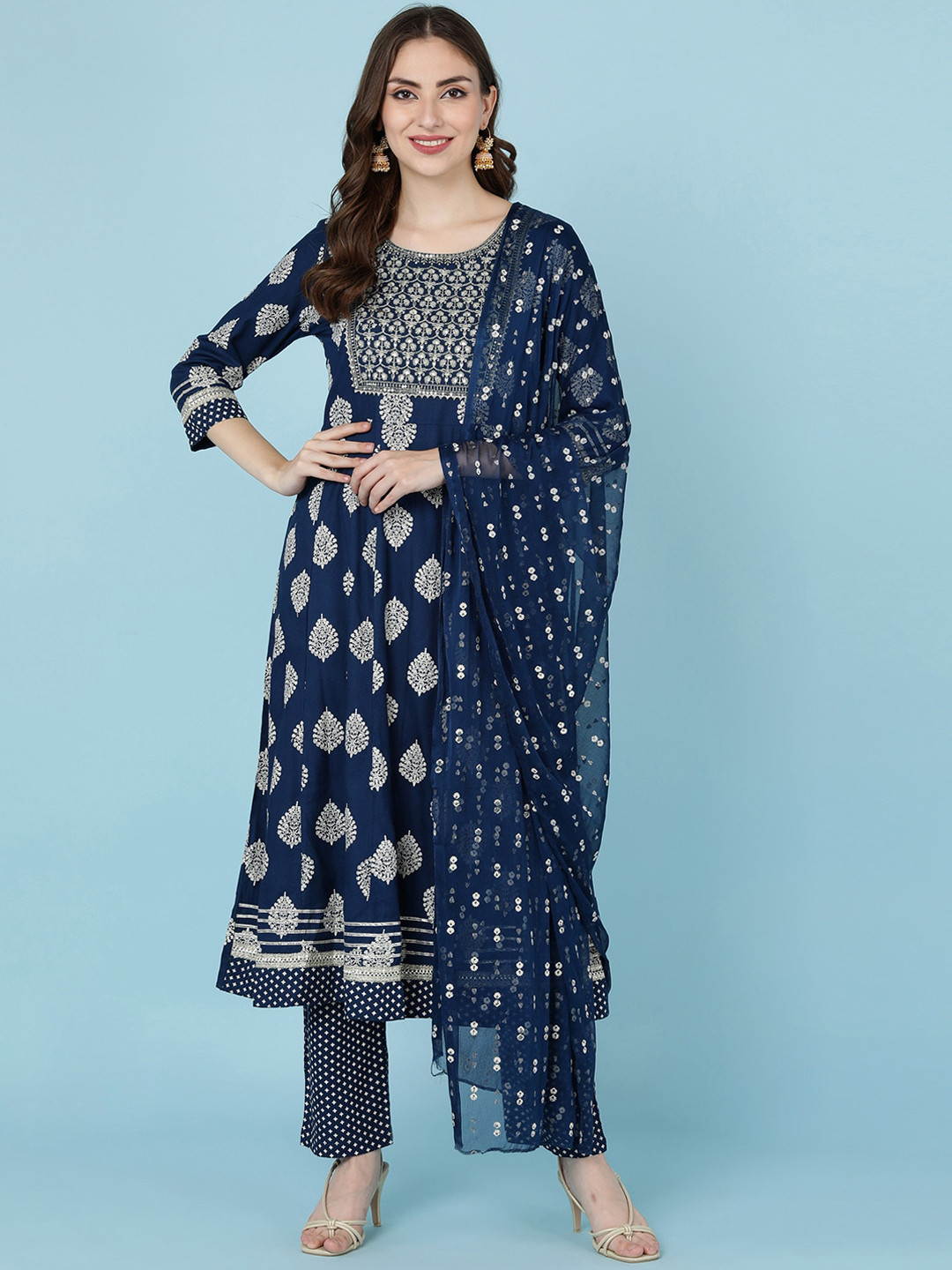 JAIPUR PRIME Women Blue Paisley Yoke Design Panelled Kurta with Trousers & With Dupatta