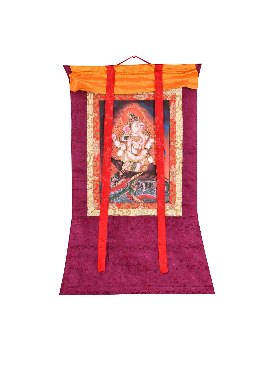 Exotic India Shadbhuja Ganesha Seated on a Rat with Snakes as Dragons Thangka Painting