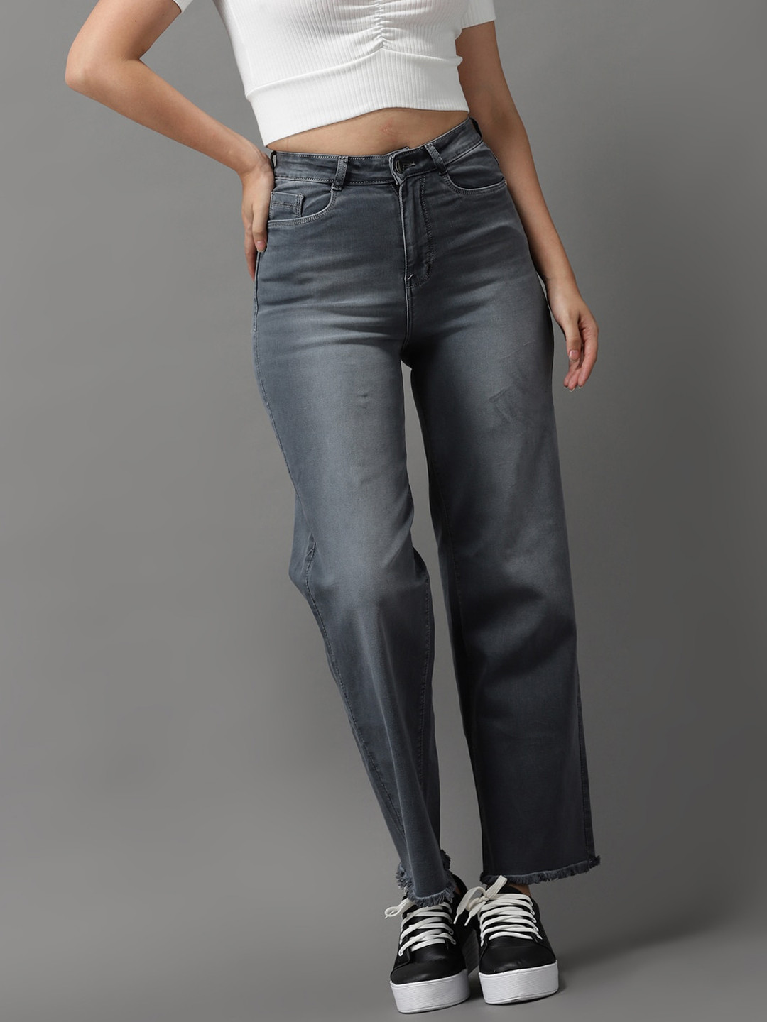 SHOWOFF Women Grey Jean Wide Leg High-Rise Light Fade Jeans