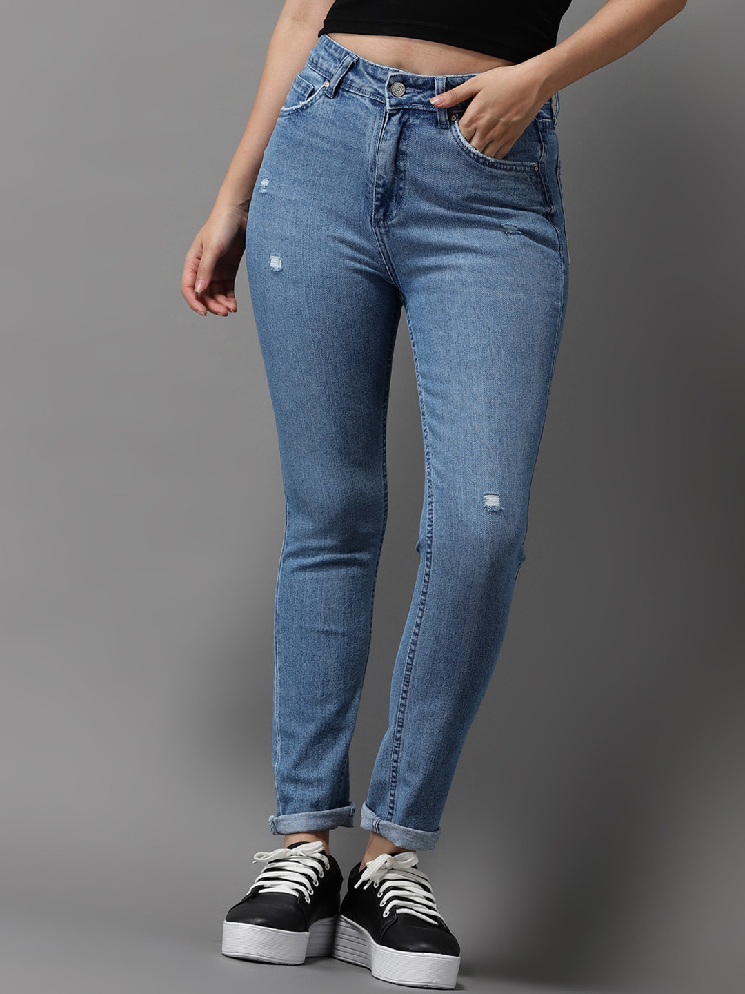 SHOWOFFFF Women Blue Jean Slim Fit High-Rise Mildly Distressed Light Fade Stretchable Jeans