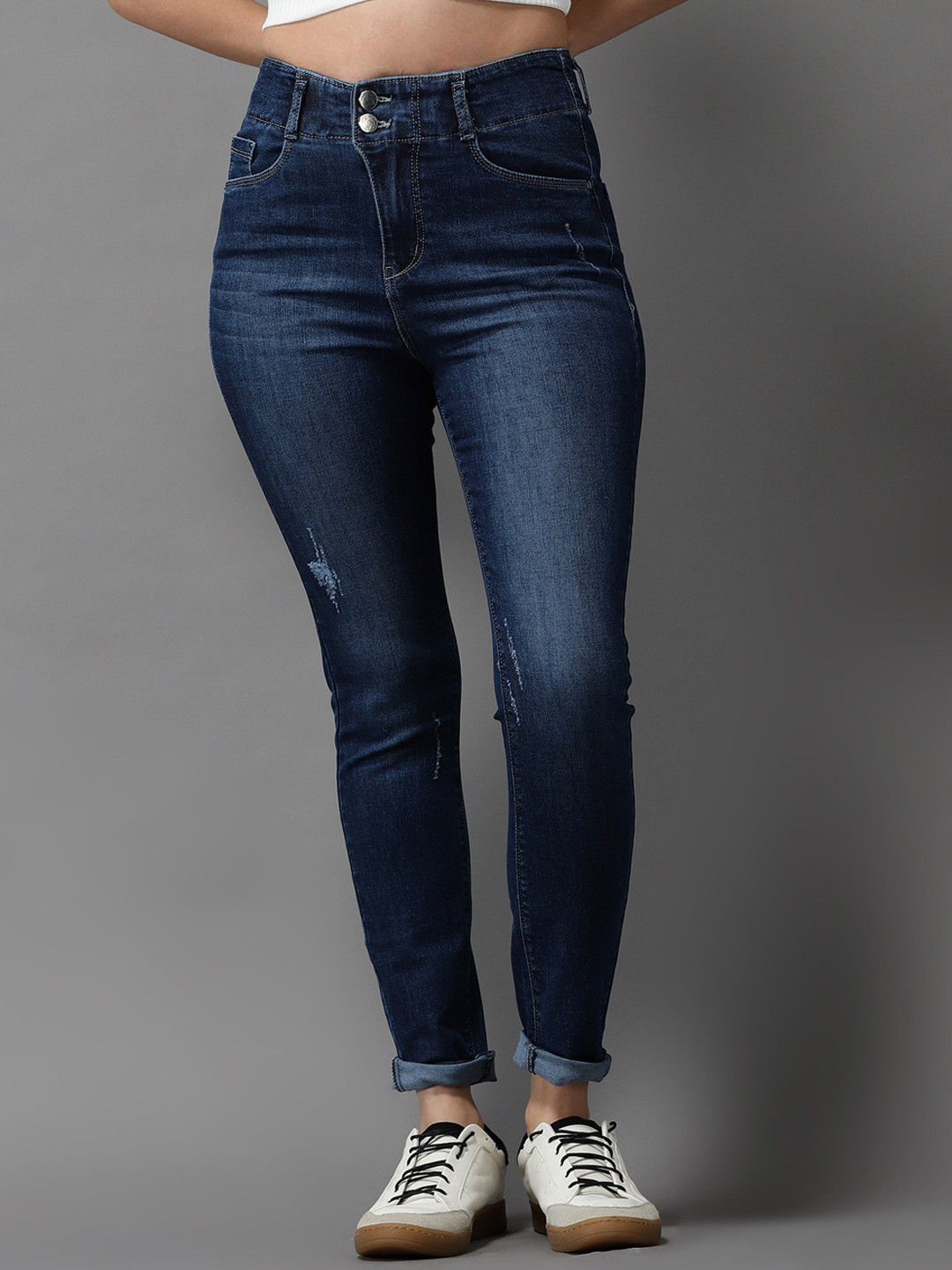 SHOWOFF Women Navy Blue Jean Skinny Fit High-Rise Mildly Distressed Light Fade Stretchable Jeans