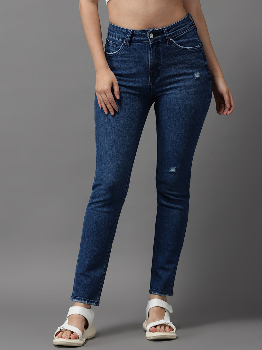 SHOWOFF Women Navy Blue Jean Slim Fit High-Rise Low Distress Light Fade Stretchable Jeans