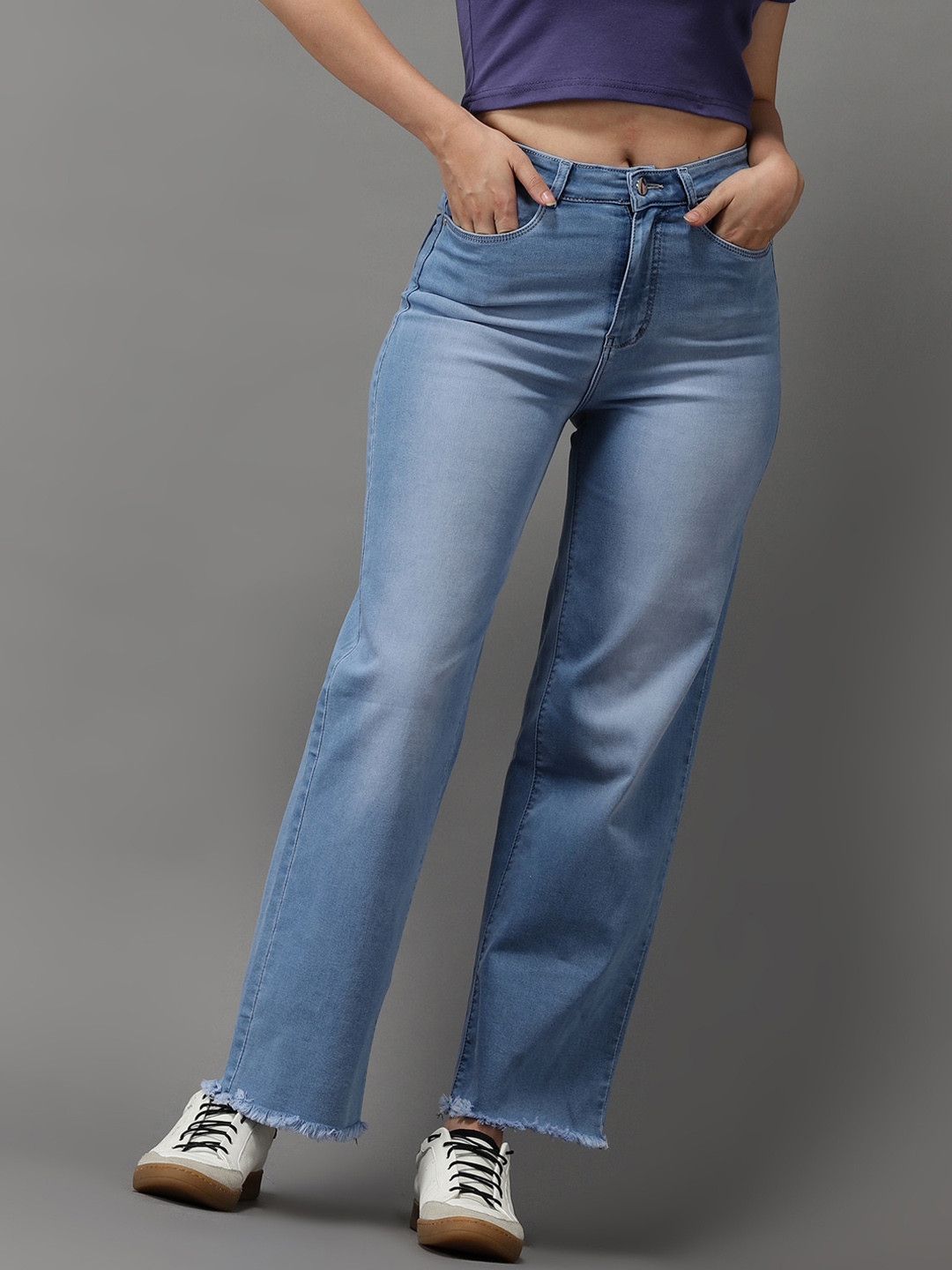 SHOWOFF Women Blue Jean Wide Leg High-Rise Light Fade Stretchable Jeans