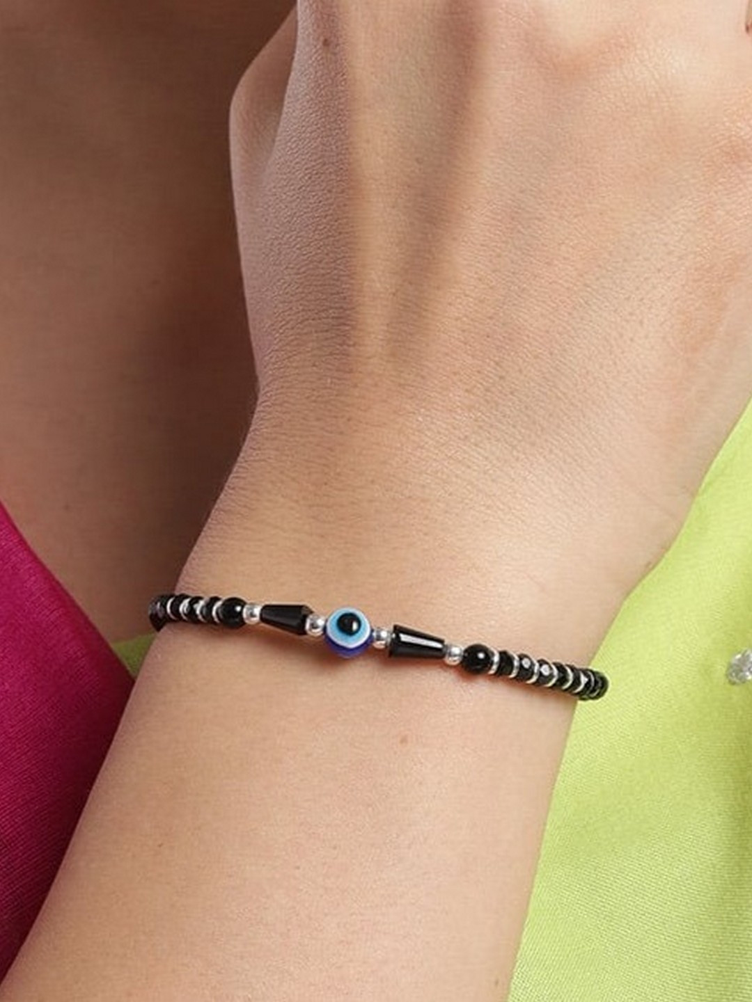 Zavya Women Black & Silver-Toned Sterling Silver Rose Gold-Plated Wraparound Bracelet