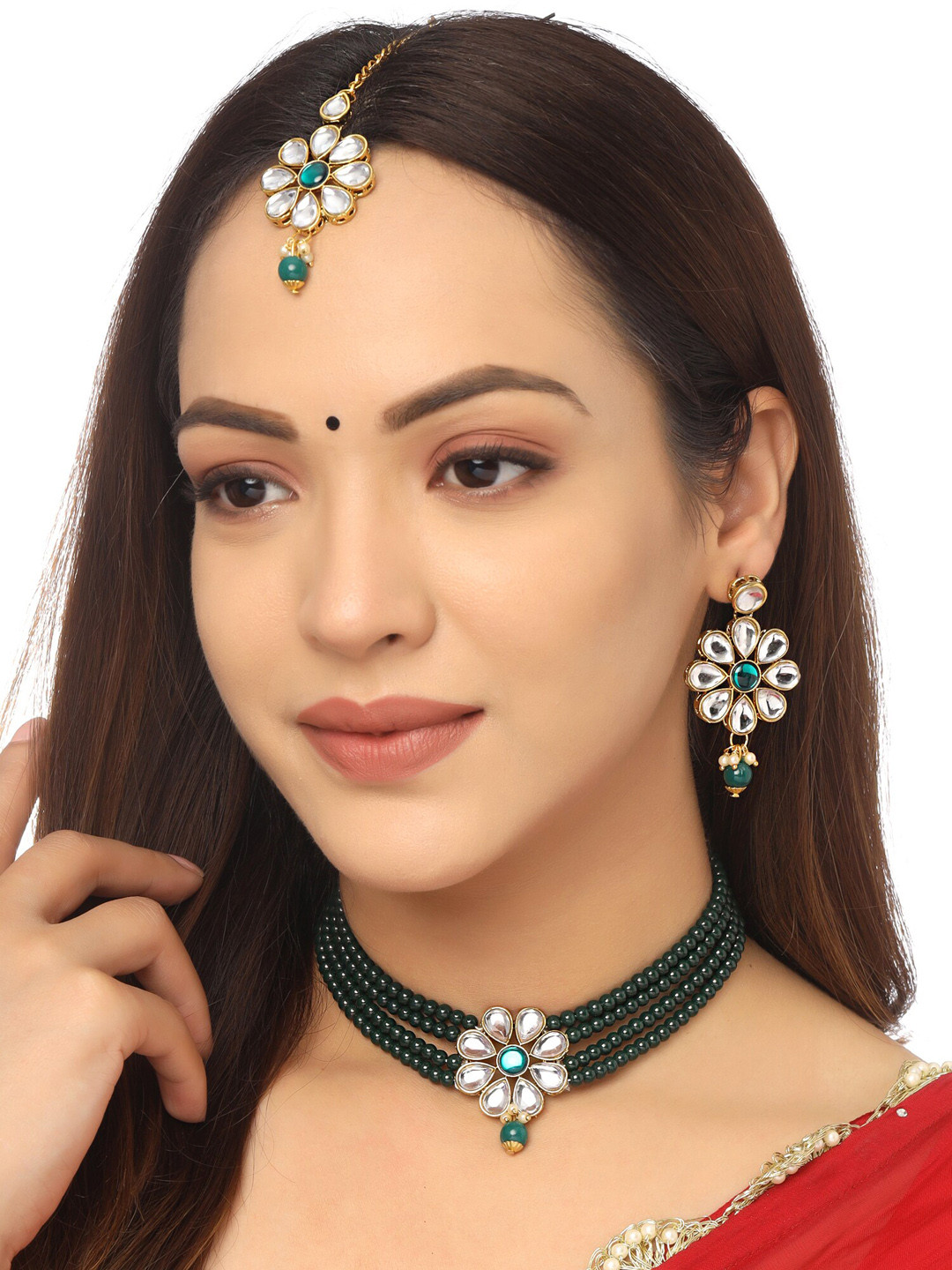 Yellow Chimes Gold Plated Green Floral Charmed Chokker Jewellery set with maangtikka