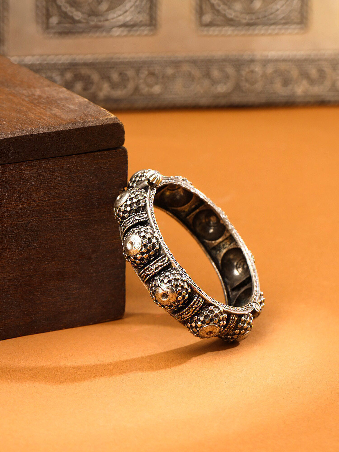 Yellow Chimes Silver Oxidised Dome Designed Bangle