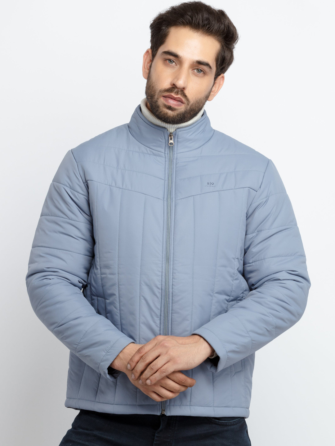 Status Quo Men Blue Puffer Jacket with Patchwork