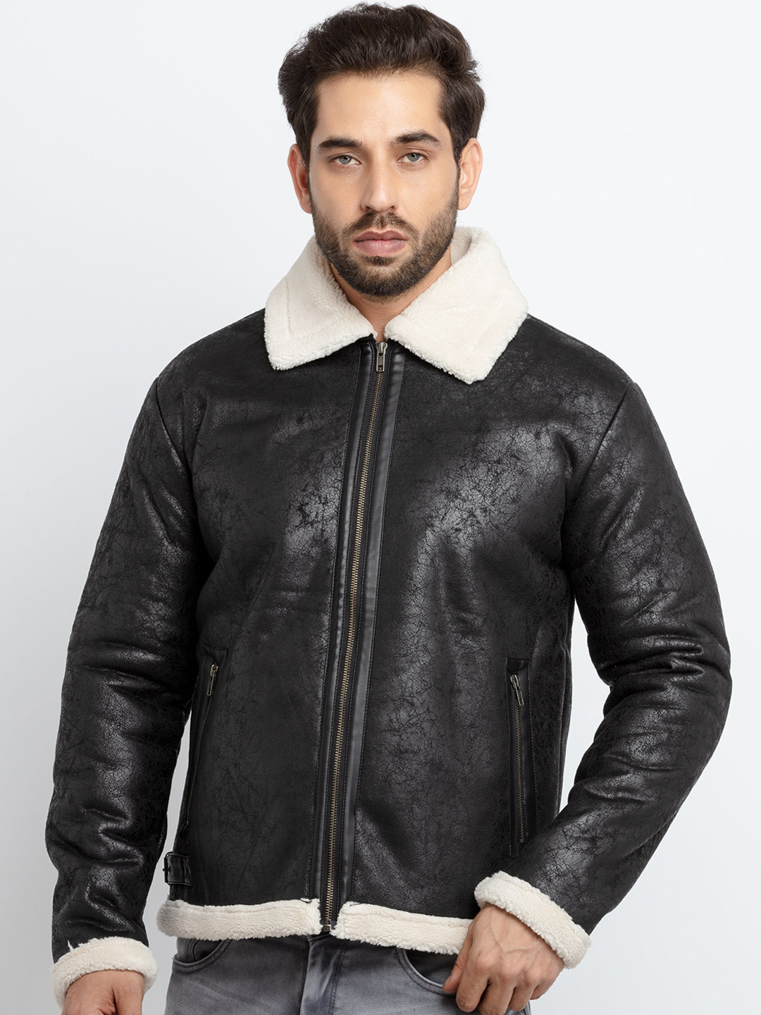 Status Quo Men Black & White Colorblocked Leather Jacket