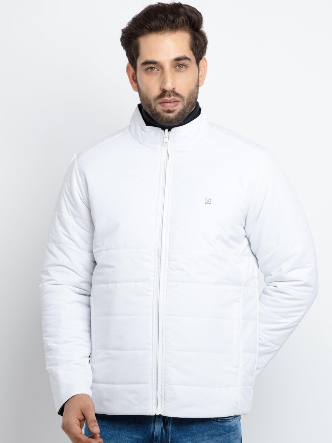 Status Quo Men White Solid Mock Collar Padded Jacket