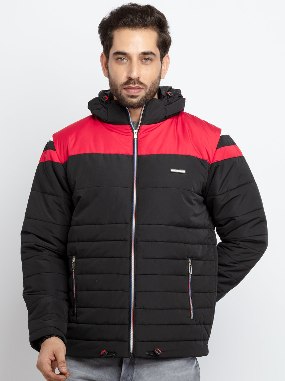 Status Quo Men Black Red Colourblocked Hooded Quilted Jacket