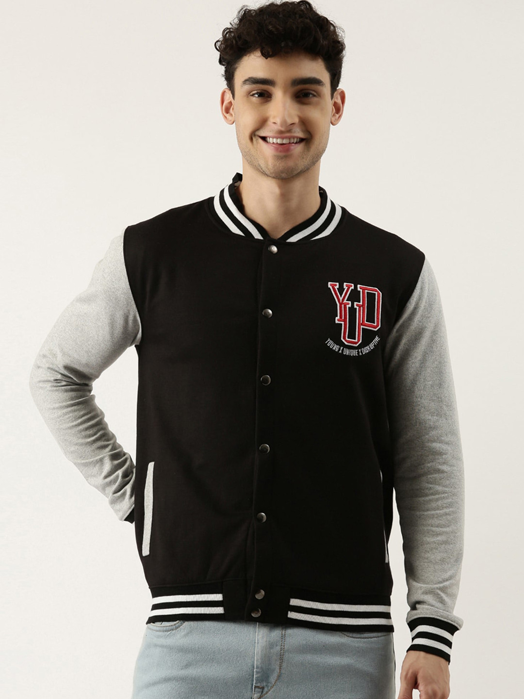 Maniac Men Black & Grey Colourblocked Varsity Jacket Button Down With Embroidered